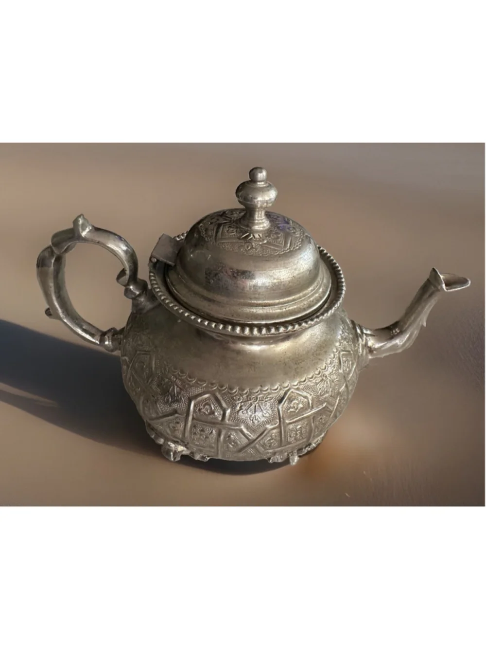 Vintage Ornate Design Metal Moroccan Silver Teapot Footed Kettle Mark Untested